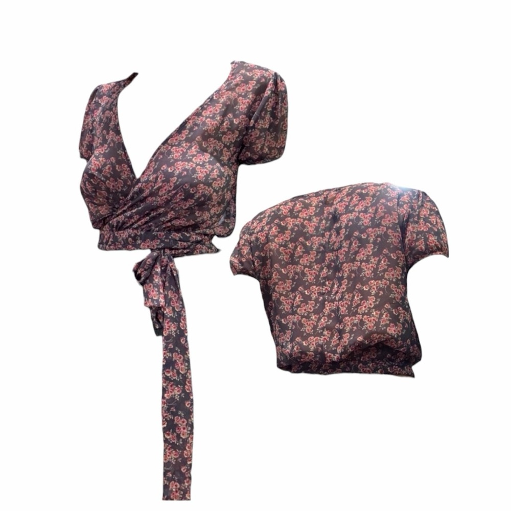 Floral Wrap Crop Top - Blue with Pink Flowers